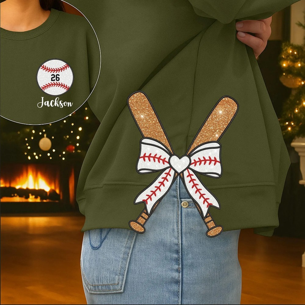 Personalized Embroidered Baseball Side Bow Cut-Out Sweatshirt with Name Christmas Baseball Mom Sweatshirt Christmas Gift for Sport Fans