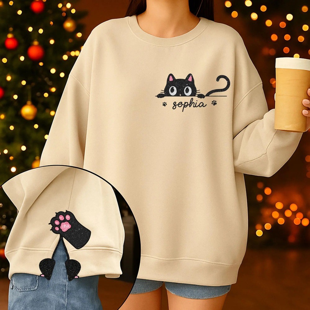 Personalized Embroidered Cat Side Bow Cut-Out Sweatshirt with Name Christmas Embellished Sweatshirt Christmas Gifts for Cat Lover
