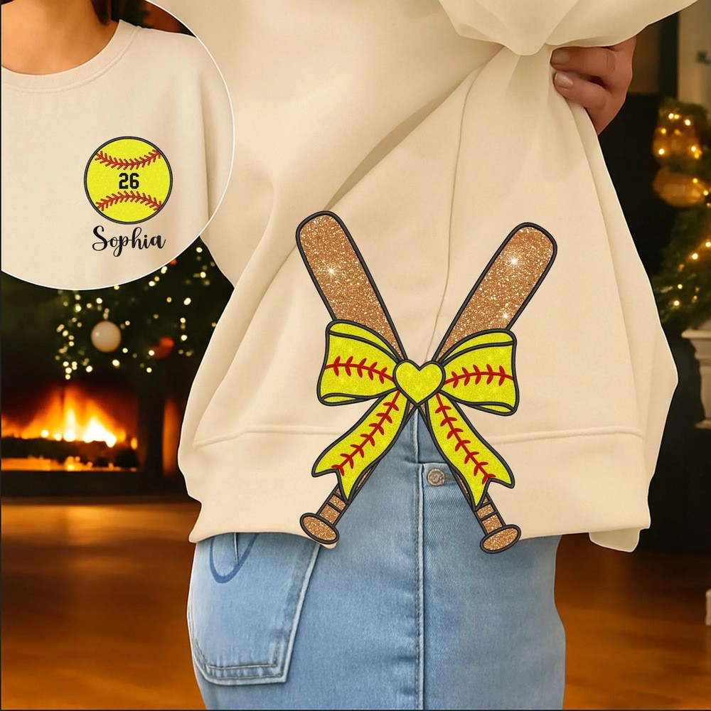 Personalized Embroidered Softball Side Bow Cut-Out Sweatshirt with Name Softball Mom Sweatshirt Christmas Gifts for Sport Fans