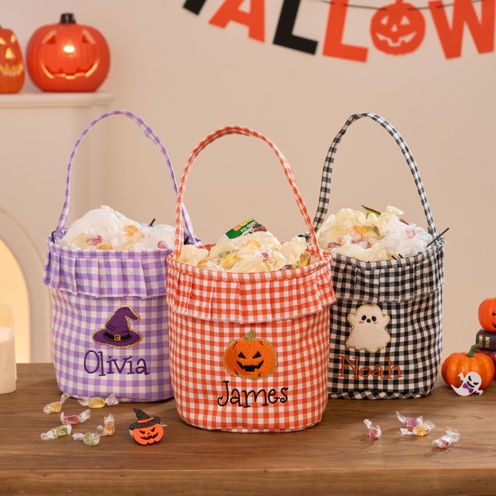 Personalized Halloween Basket with Embroidered Name Trick or Treat Bag Candy Gift Bucket