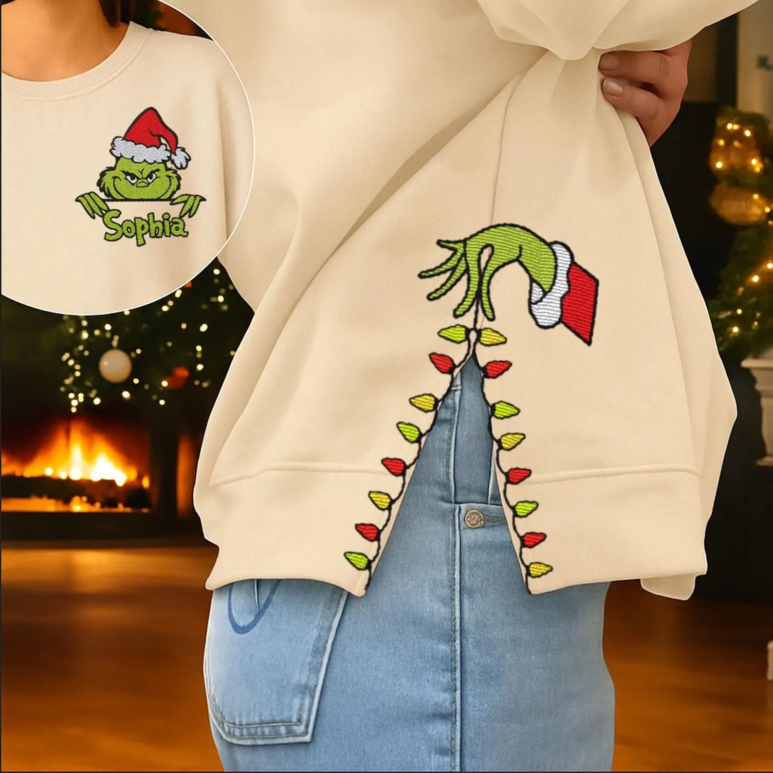 Personalized Embroidered Grinch Side Bow Cut-Out Sweatshirt with Name Christmas Embellished Funny Grinch Sweatshirt Christmas Gifts