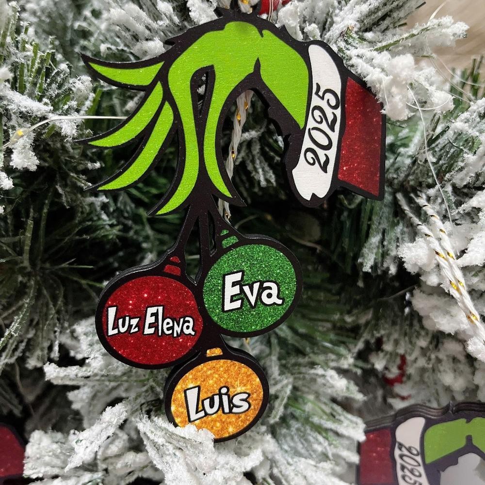 Personalized Grinch Ball Christmas Wooden Ornament Family Name Ball Xmas Tree Decor