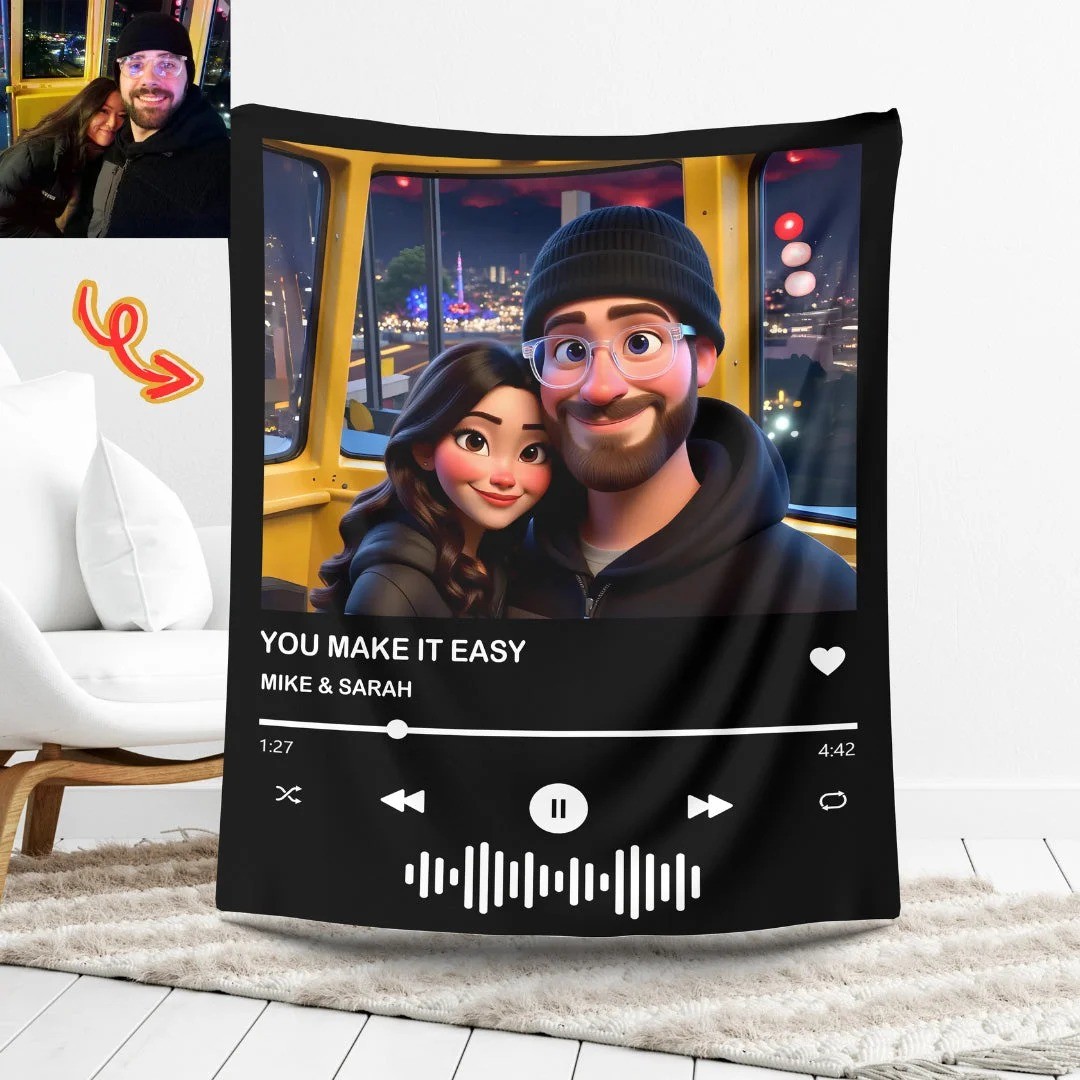 Personalized Music Blanket Photo Couple Cartoon Portrait Blanket Anniversary Christmas Gift