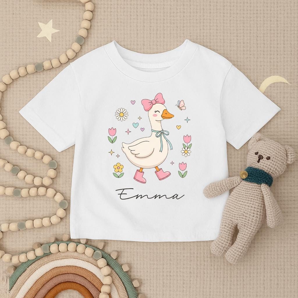 Personalized Goose Toddler Shirt, Custom Floral Goose Infant Shirt, Cute Duck Kids T-shirt, Funny Animal Baby Outfit