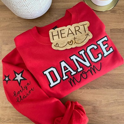 Personalized Embroidered Dance Mom Sweatshirt with Kids Name on Sleeve Glitter Applique Team Crewneck Mothers Day Gifts