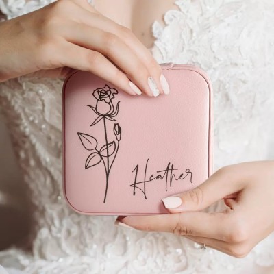 Personalized Name Birth Flower Jewelry Travel Cases Vegan Leather Jewelry Organizer Box Wedding Gift for Bridesmaids