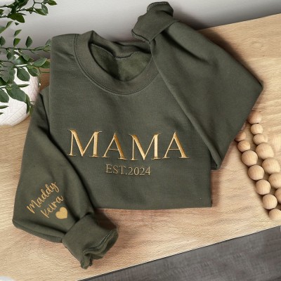 Personalized Embroidered Mama Sweatshirt with Kids Name on Sleeve New Mom Outfit Mothers Day Gifts