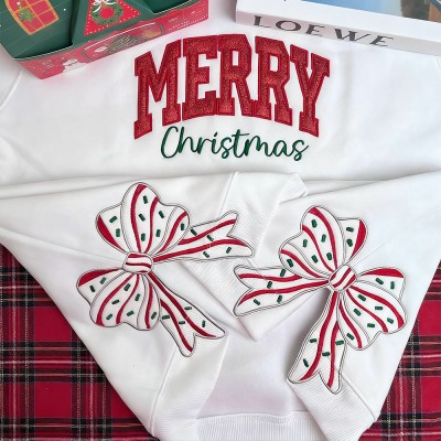 Personalized Embroidered Christmas Side Bow Cut-Out Sweatshirt with Name Christmas Embellished Funny Sweatshirt Christmas Gifts