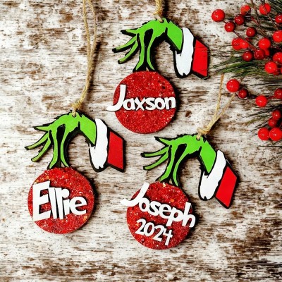 Personalized Grinch Family Ornament Kids Name Xmas Tree Ornament Christmas Stocking Tag