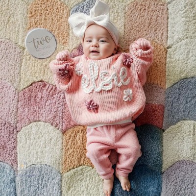Personalized Hand Embroidered Name Baby Knit Sweater For Birthday Newborn Baby Shower Gift