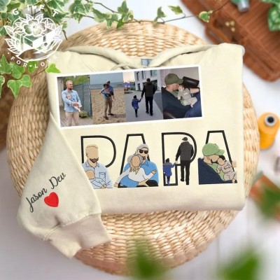 Personalized Embroidered Dad Portrait Hoodie with Kids Names on Sleeve Unique Heartwarming Sweatshirt Fathers Day Gifts