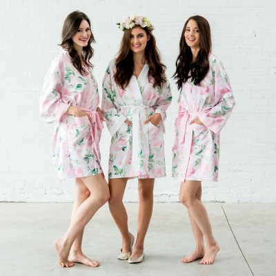 Personalized Embroidered Name Floral Satin Robe With Pockets Bridal Party Gifts