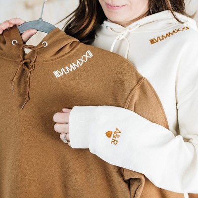 Personalized Embroidered Roman Numeral Hoodie Couples Gift Date Hoodie Initial on Sleeve Engagements 1st Anniversary Gift