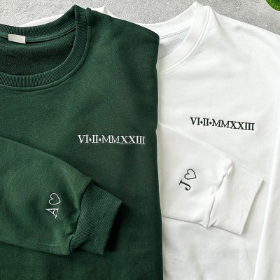 Personalized Embroidered Roman Numeral Hoodie Couples Gift Date Hoodie Initial on Sleeve Engagements 1st Anniversary Gift