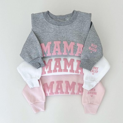 Personalized Pink Puff Mama Sweatshirt with Kids Names On Sleeve Embossed Lettering Gift for Mom Mothers Day Gifts
