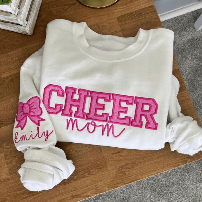 Personalized Embroidered Cheer Mom Bow Sweatshirt with Kids Name on Sleeve Glitter Applique Sweatshirt Mothers Day Gifts