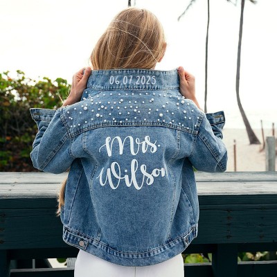 Personalized Wedding Bridal Denim Jacket with pearls Date under the collar jacket Future Mrs Jean Jacket