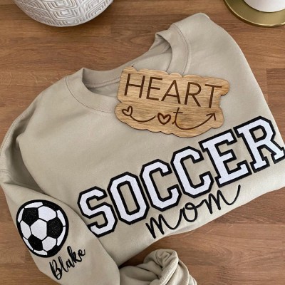 Personalized Embroidered Soccer Mom Sweatshirt with Kids Name on Sleeve Team Crewneck with Glitter HTV Applique Mothers Day Gifts