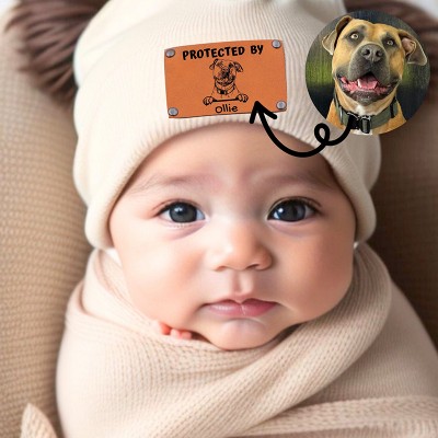 Custom Pet Portrait Protected By Baby Toddler Beanie with Vegan Leather Patch Name for Boy Girl
