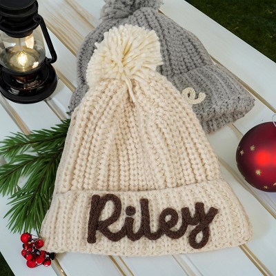 Personalized Embroidered Winter Pom Pom Beanie Hat for Kids