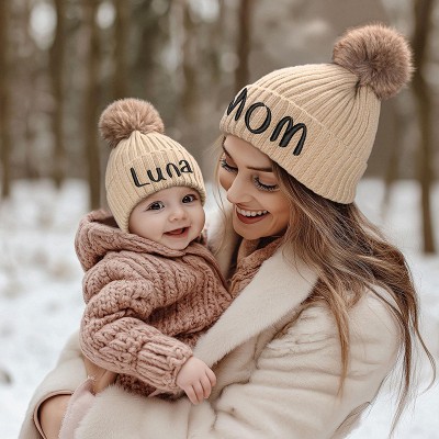 Personalized Embroidered Baby Beanie with Fur Pom-Pom Classic Monogram Adults Beanies