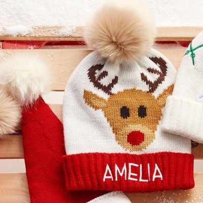 Personalized Baby Kids Christmas Reindeer Embroidered Name Pom Pom Beanie Knitted Hat Newborn Gift
