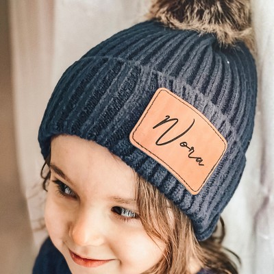 Custom Name Winter kids Pom Pom Beanie Hat with Patch Name