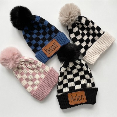 Personalized Checkered Kids Beanie Leather Patch Hat Cold Weather outfit Christmas Gift