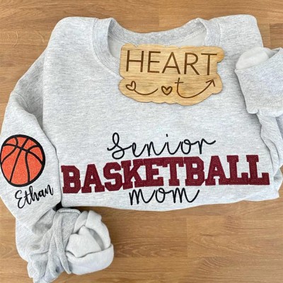 Personalized Embroidered Basketball Mom Sweatshirt with Kids Name on Sleeve Glitter Spplique Team Crewneck Mothers Day Gifts