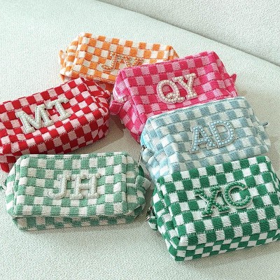 Personalized Checkered Makeup Bag Retro Checkered Pearls Letter Pouch Bridesmaid Gifts Bridal Party Gift
