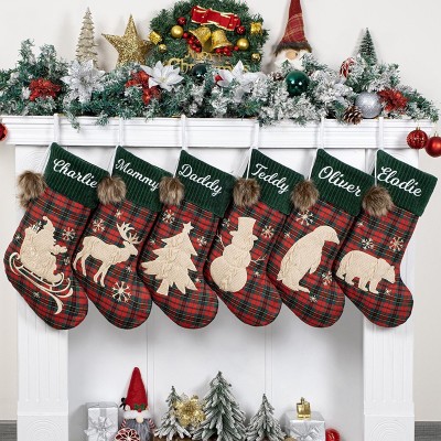 Personalized Christmas Green Plaid Stockings for Family Decoration Holiday Embroidered Name Stockings for Christmas Gifts