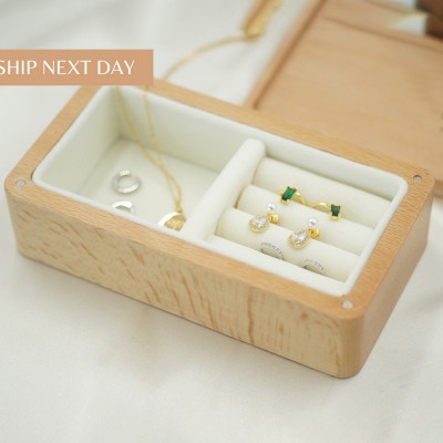 Personalized Engraved Name Birth Flower Wood Jewelry Box Portable Travel Cases Gift for Women Wedding Gift