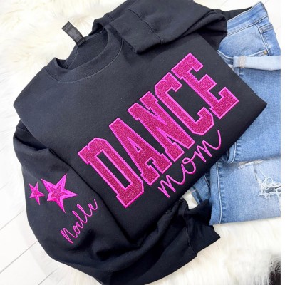 Personalized Embroidered Dance Mom Sweatshirt with Kids Name on Sleeve Glitter Spplique Team Crewneck Mothers Day Gifts