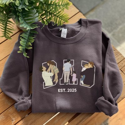 Personalized Embroidered Dad Portrait Hoodie with Kids Names on Sleeve New Dad Sweatshirt Fathers Day Gift