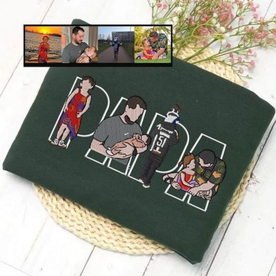 Personalized Embroidered Dad Portrait Hoodie with Kids Names on Sleeve New Dad Memory Time Sweatshirt Fathers Day Gifts