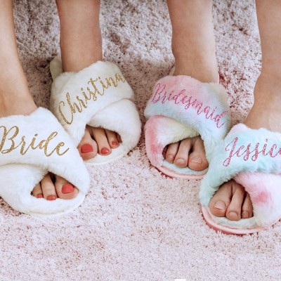 Personalized Bride Fluffy Slippers Bridesmaid Gift Bachelorette Party Favors Bridal Party Gift