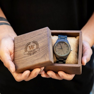 Personalized Engraved Watches for Men Wood Watch with Walnut Gift Box Groomsmen Gifts Wedding Travel Gift