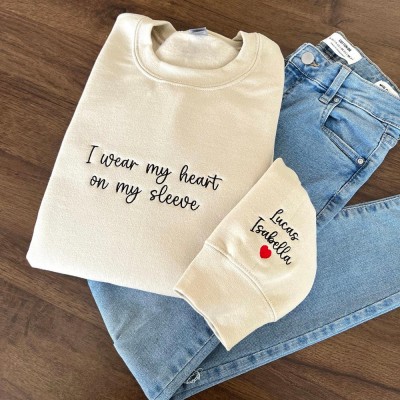 Personalized Embroidered I Wear My Heart On My Sleeve Sweatshirt Mom Sweatshirt with Kids Name on Sleeve Mother's Day Gift