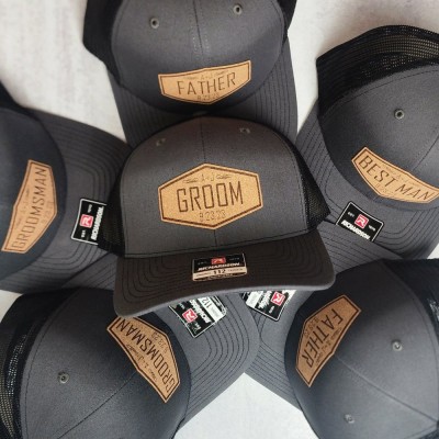 Personalized Grooms Leather Patch Hat with Initials and Wedding Date Groomsman Trucker Hat Wedding Party Hat Wedding Announcement