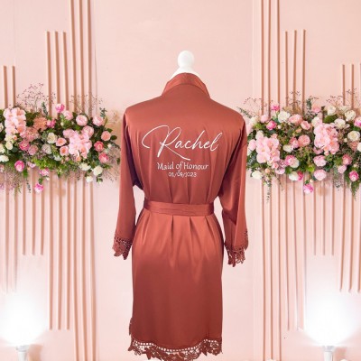 Personalized Bridesmaid Name Satin Lace Robes with Wedding Date Rustic Bridesmaid Gift