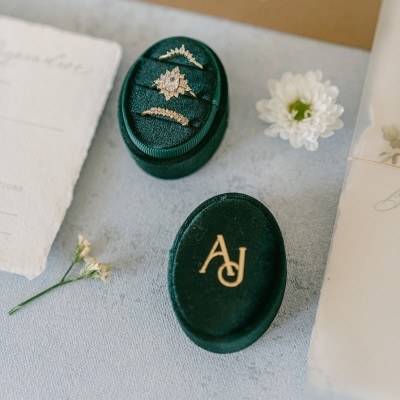 Personalized Triple Slot Velvet Ring Box with Name Initial Wedding Velvet Engagement Modern Ring Box