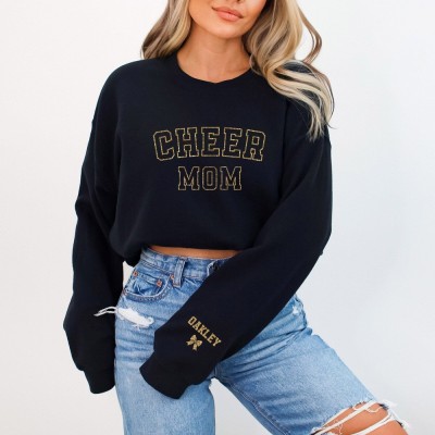 Personalized Glitter Cheer Mom Sweatshirt with Kids Name on Sleeve Sparkle Cheer Mom Hoodie Mothers Day Gifts