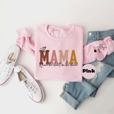 Personalized This Mama Wears Her Heart On Her Sleeve Sweatshirt Cute Mama Outfit with Kids Name on Sleeve Mother's Day Gift