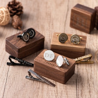Personalized Engraved Groomsmen Cufflinks with Wooden Boxes Wedding Cufflinks and Tie Clip Set Groomsmen Accessory Bachelor Party Gift
