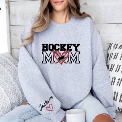 Personalized Hockey Mom Sweatshirt with Kids Name On Sleeve Game Day Sport Mom Outfit Mothers Day Gifts