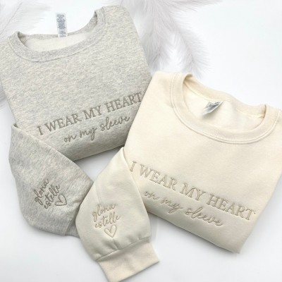Personalized Embroidered I Wear My Heart On My Sleeve Sweatshirt Heart Mama Sweatshirt with Kids Name on Sleeve Mother's Day Gift
