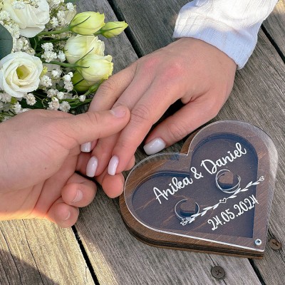 Personalized Rustic Wedding Ring Box for Ceremony Wooden Heart Shaped Ring Bearer Proposal Holder Bridal Gift for Her