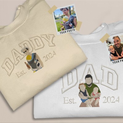 Personalized Embroidered Dad Portrait Hoodie with Kids Name on Sleeve New Dad Drawing Sketch Sweatshirt Fathers Day Gifts