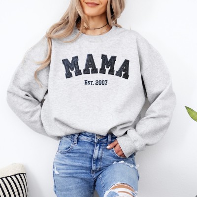 Personalized Embroidered Mama Sweatshirt with Kids Name on Sleeve Glitter Applique Hoodies Mothers Day Gifts