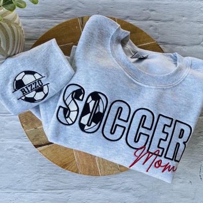 Personalized Embroidered Soccer Mom Sweatshirt with Kids Name on Sleeve Mothers Day Gifts
